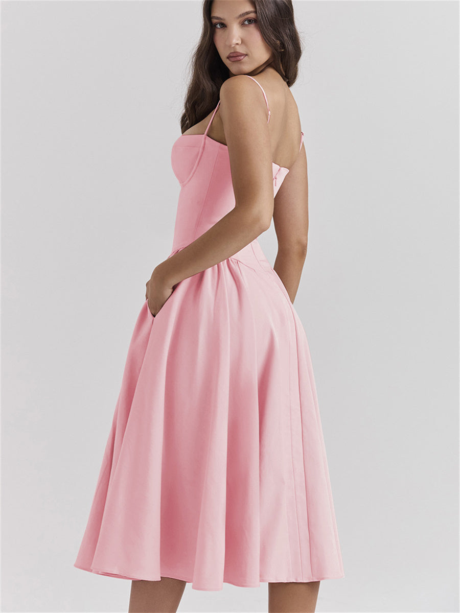 Liber Summer Women's Pastoral 5 Solid Color Strap Maxi Dresses