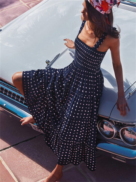 Liber Summer Women's Pastoral Print Square Neck Sleeveless Maxi Dresses