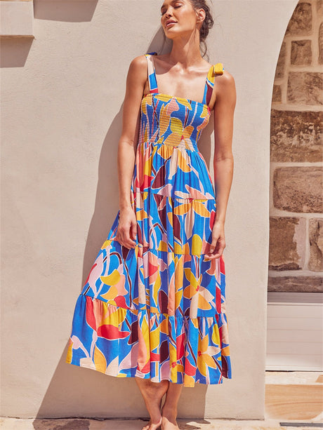 Liber Summer Women's Pastoral Print Square Neck Sleeveless Maxi Dresses
