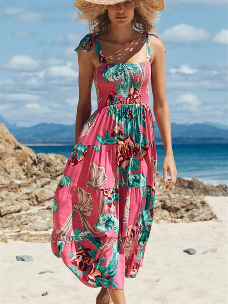Liber Summer Women's Pastoral Print Square Neck Sleeveless Maxi Dresses