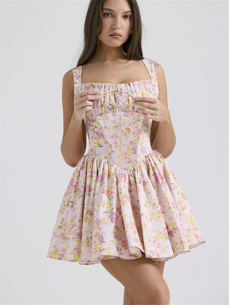 Liber Summer Women's Floral Square Neck Short Pleated Dresses