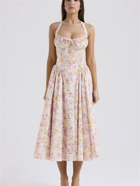 Liber Summer Women's Pastoral Floral Halter Maxi Dress
