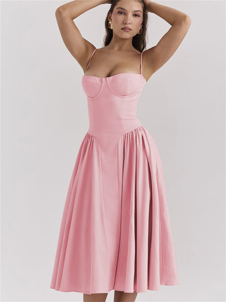 Liber Summer Women's Pastoral 5 Solid Color Strap Maxi Dresses