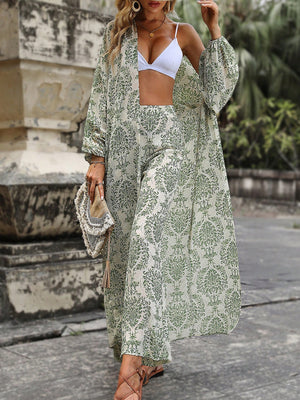 Liber Summer Women's Bohemian Print Long Sleeve Two-piece Suit