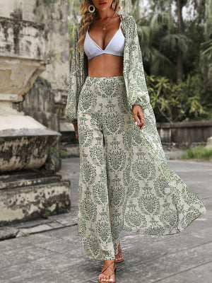 Liber Summer Women's Bohemian Print Long Sleeve Two-piece Suit