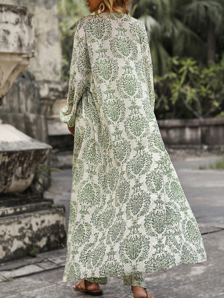 Liber Summer Women's Bohemian Print Long Sleeve Two-piece Suit