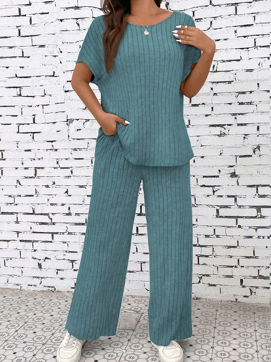 Liber summer women's clothing daily casual solid color, sanded pit stripe round neck short sleeve two-piece suit