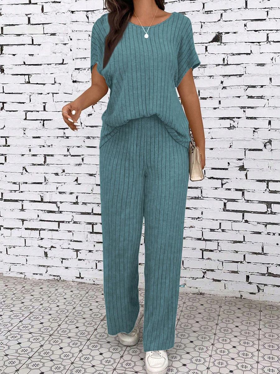 Liber summer women's clothing daily casual solid color, sanded pit stripe round neck short sleeve two-piece suit
