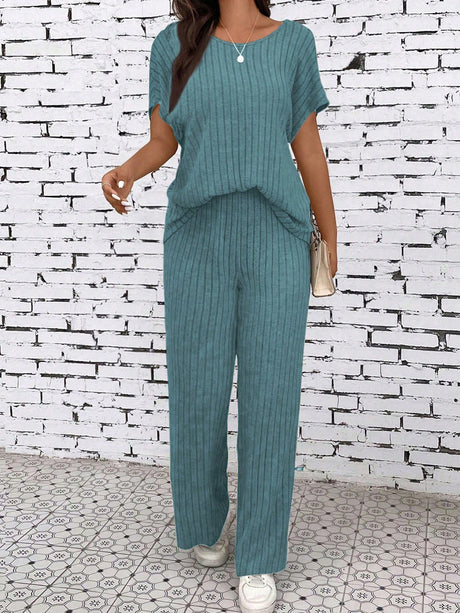Liber summer women's clothing daily casual solid color, sanded pit stripe round neck short sleeve two-piece suit