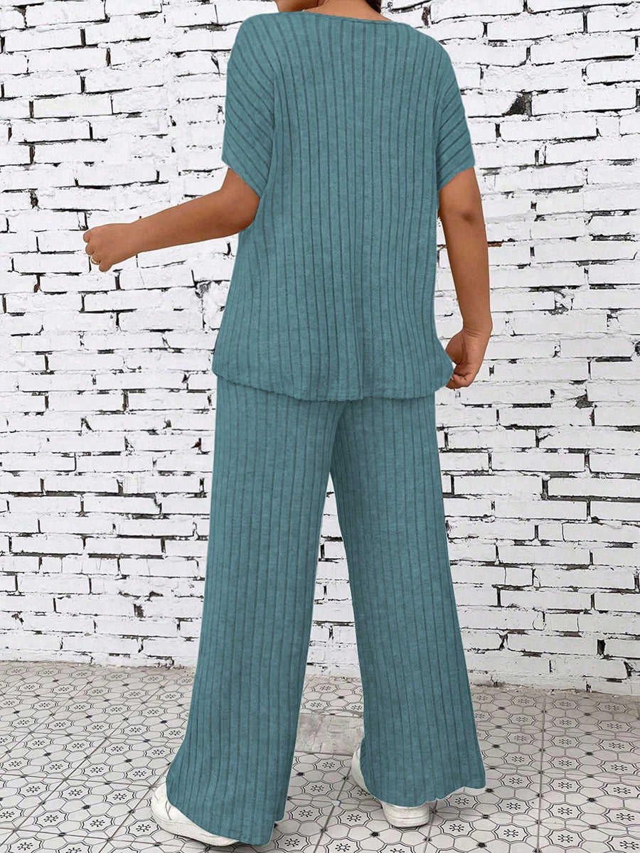 Liber summer women's clothing daily casual solid color, sanded pit stripe round neck short sleeve two-piece suit