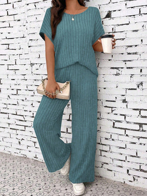 Liber summer women's clothing daily casual solid color, sanded pit stripe round neck short sleeve two-piece suit