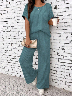 Liber summer women's clothing daily casual solid color, sanded pit stripe round neck short sleeve two-piece suit