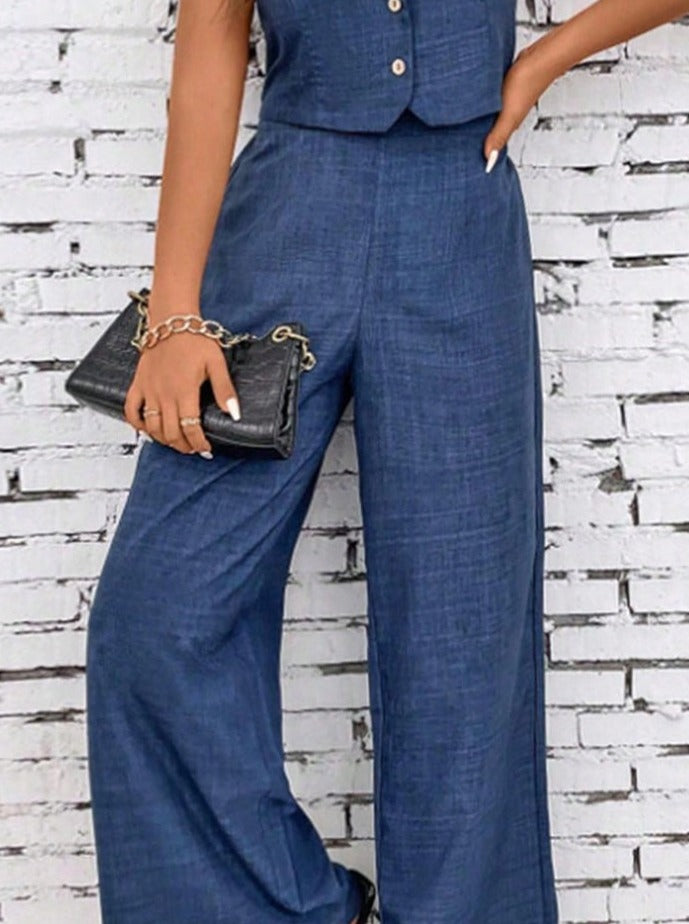 Liber summer women's daily casual solid color denim V-neck sleeveless two-piece suit