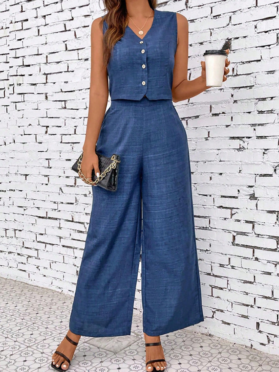 Liber summer women's daily casual solid color denim V-neck sleeveless two-piece suit