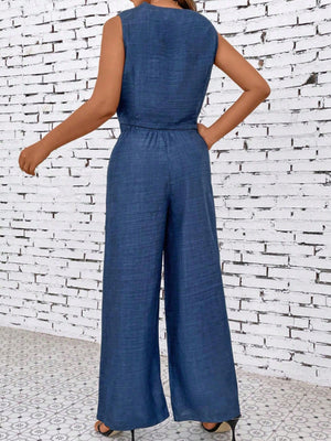 Liber summer women's daily casual solid color denim V-neck sleeveless two-piece suit