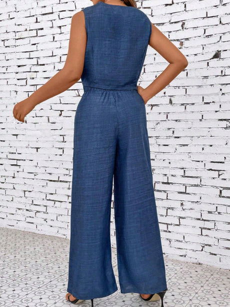 Liber summer women's daily casual solid color denim V-neck sleeveless two-piece suit