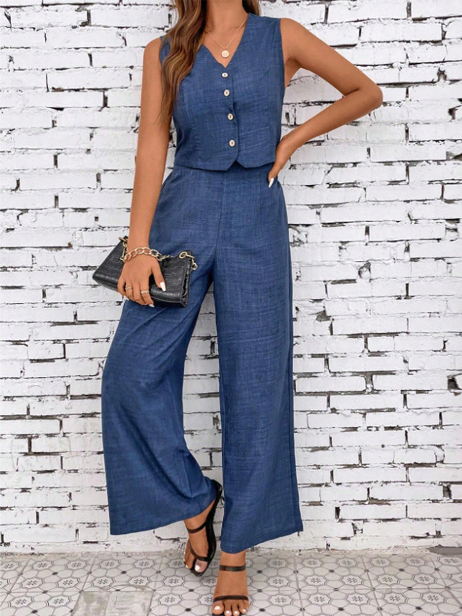 Liber summer women's daily casual solid color denim V-neck sleeveless two-piece suit