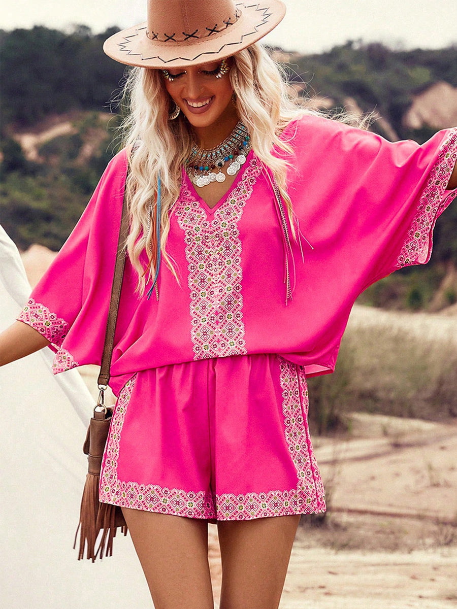 Liber Summer Women's Bohemian Print V-Neck Short Sleeve Two-Piece Set