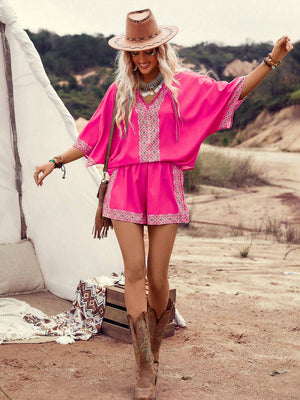 Liber Summer Women's Bohemian Print V-Neck Short Sleeve Two-Piece Set