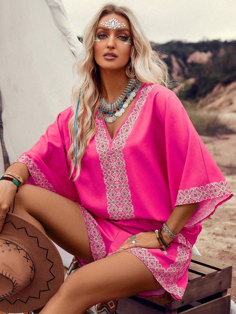 Liber Summer Women's Bohemian Print V-Neck Short Sleeve Two-Piece Set