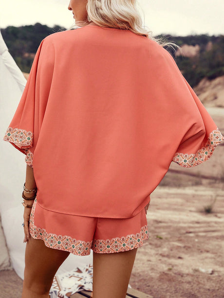 Liber Summer Women's Bohemian Print V-Neck Short Sleeve Two-Piece Set