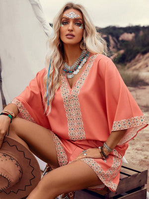 Liber Summer Women's Bohemian Print V-Neck Short Sleeve Two-Piece Set