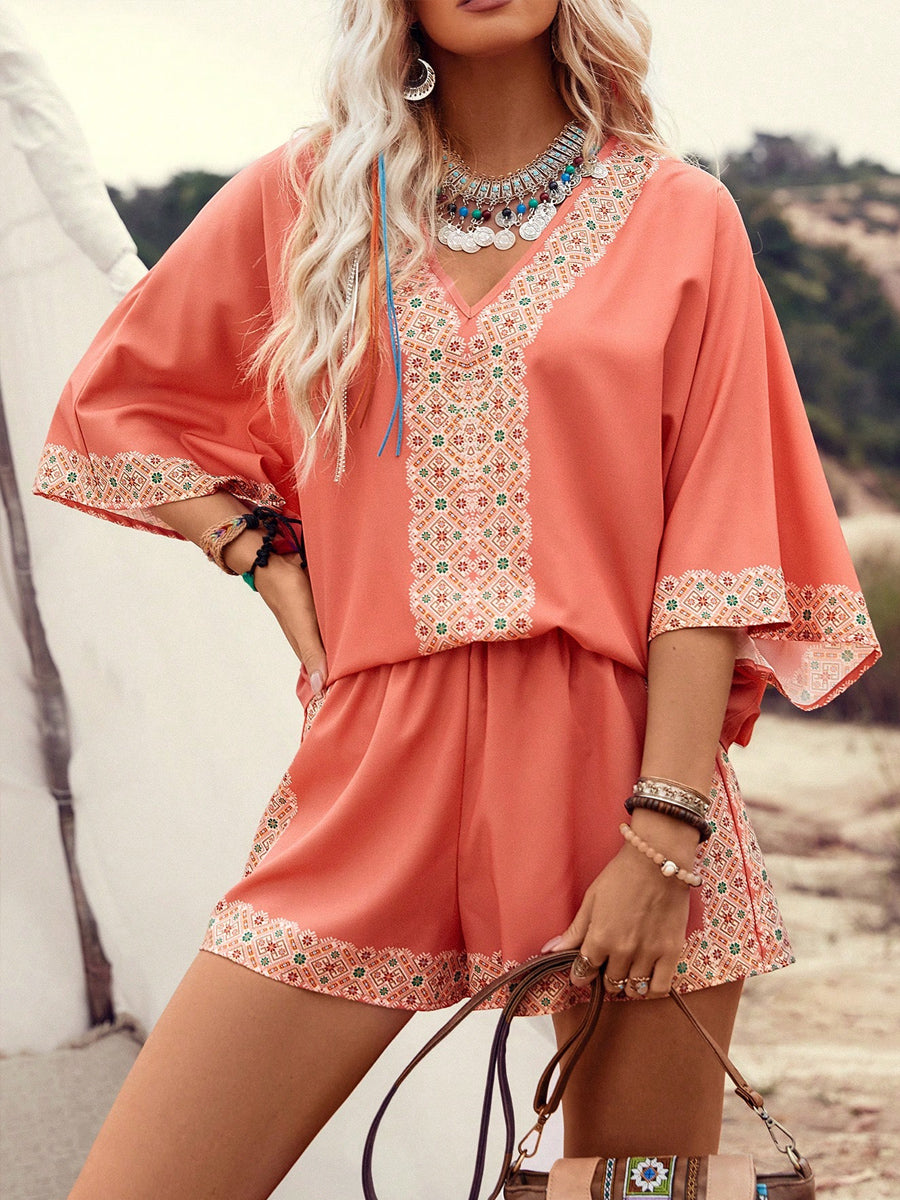 Liber Summer Women's Bohemian Print V-Neck Short Sleeve Two-Piece Set