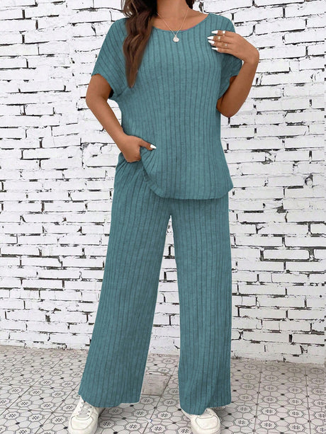 Liber summer women's clothing daily casual solid color, sanded pit stripe round neck short sleeve two-piece suit