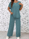 Liber summer women's clothing daily casual solid color, sanded pit stripe round neck short sleeve two-piece suit