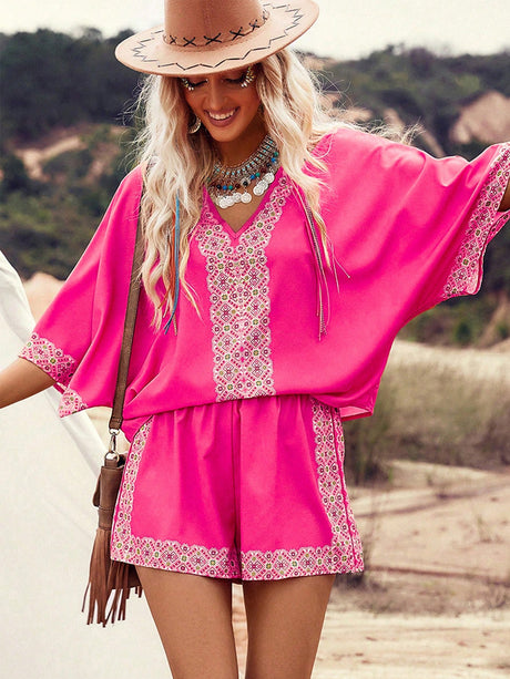 Liber Summer Women's Bohemian Print V-Neck Short Sleeve Two-Piece Set