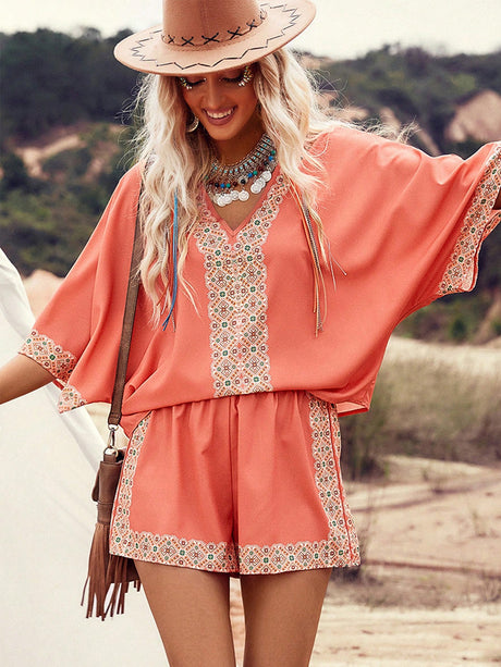 Liber Summer Women's Bohemian Print V-Neck Short Sleeve Two-Piece Set