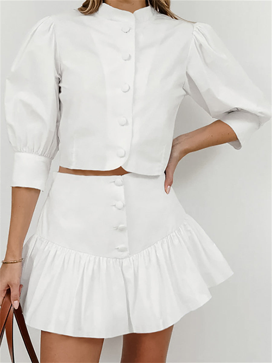 Liber summer women's daily casual solid color stand collar puff sleeve slim suit