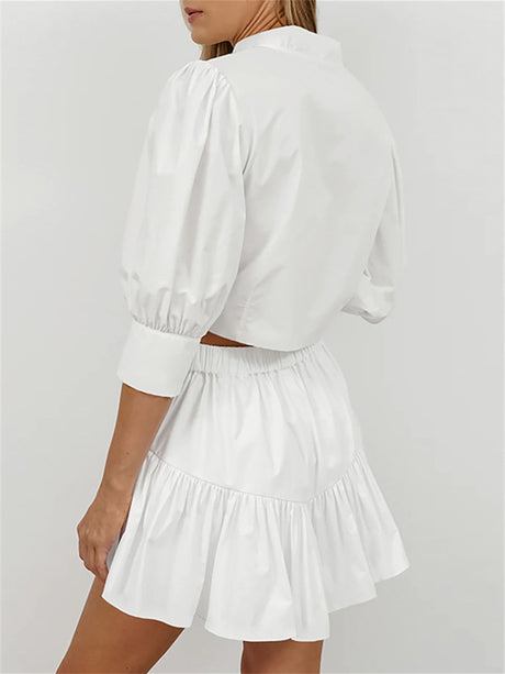 Liber summer women's daily casual solid color stand collar puff sleeve slim suit