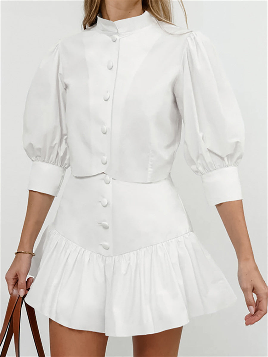 Liber summer women's daily casual solid color stand collar puff sleeve slim suit