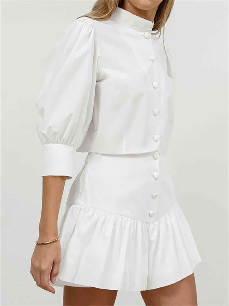 Liber summer women's daily casual solid color stand collar puff sleeve slim suit