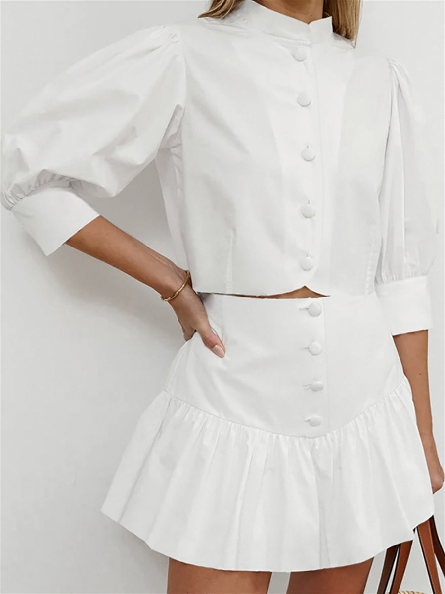 Liber summer women's daily casual solid color stand collar puff sleeve slim suit