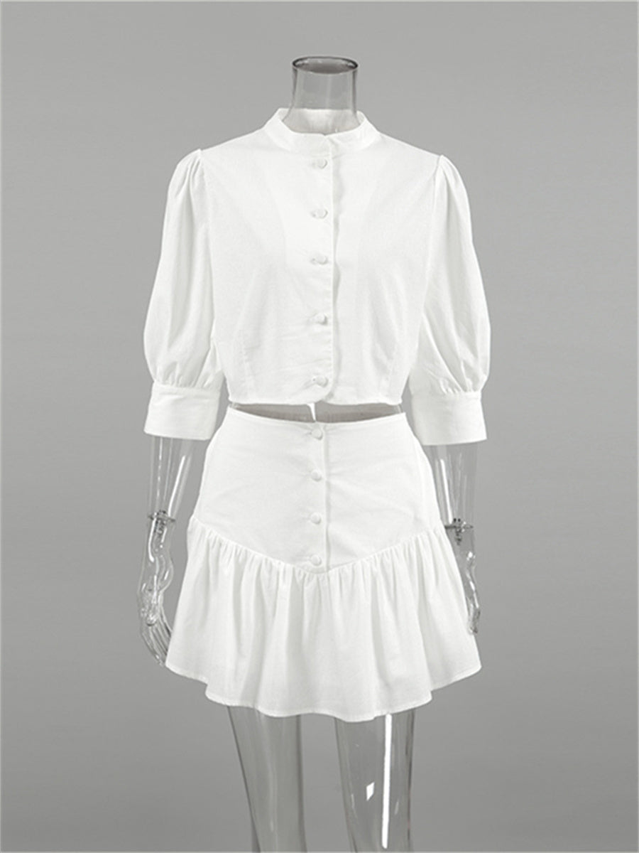 Liber summer women's daily casual solid color stand collar puff sleeve slim suit