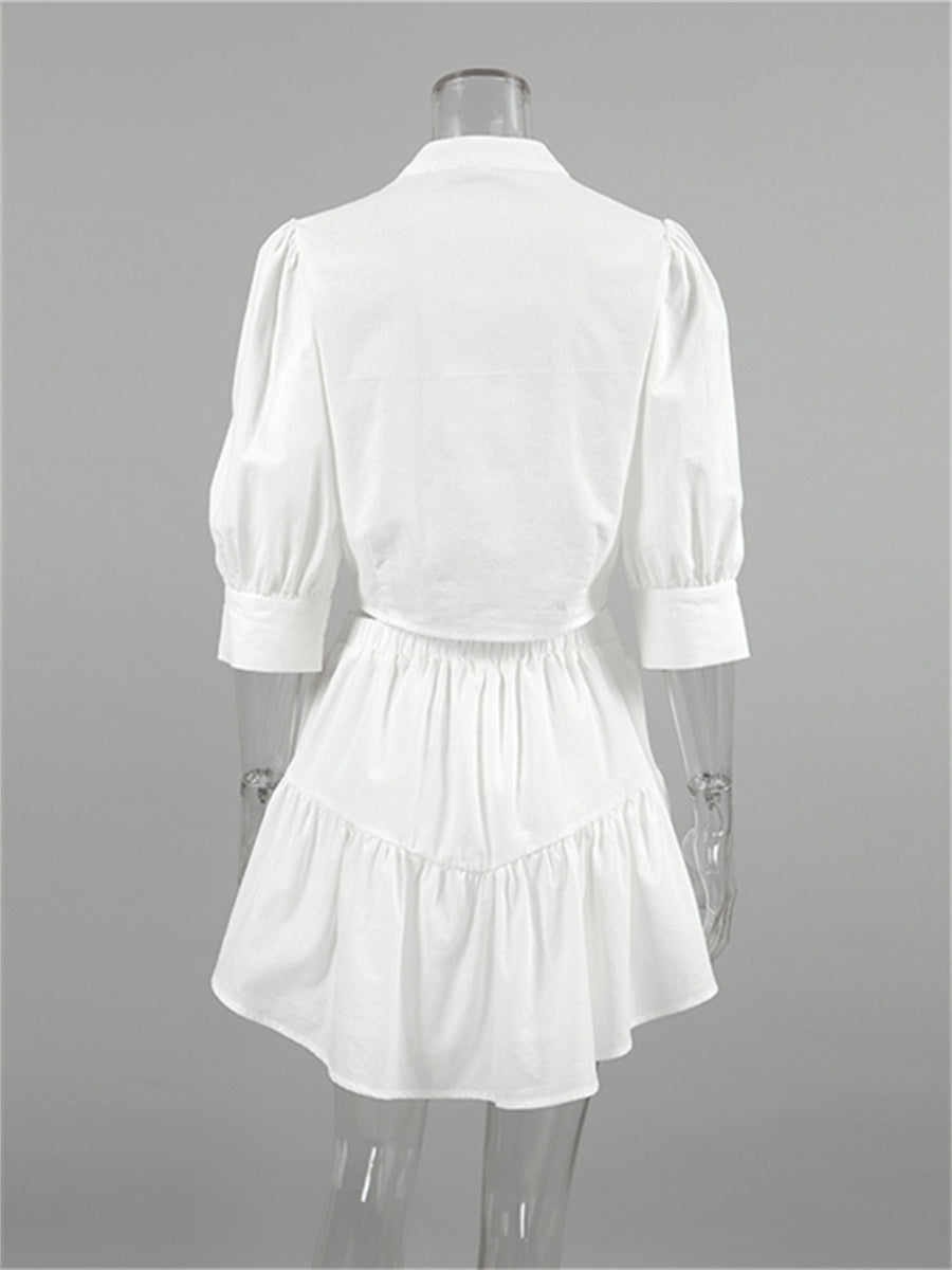 Liber summer women's daily casual solid color stand collar puff sleeve slim suit