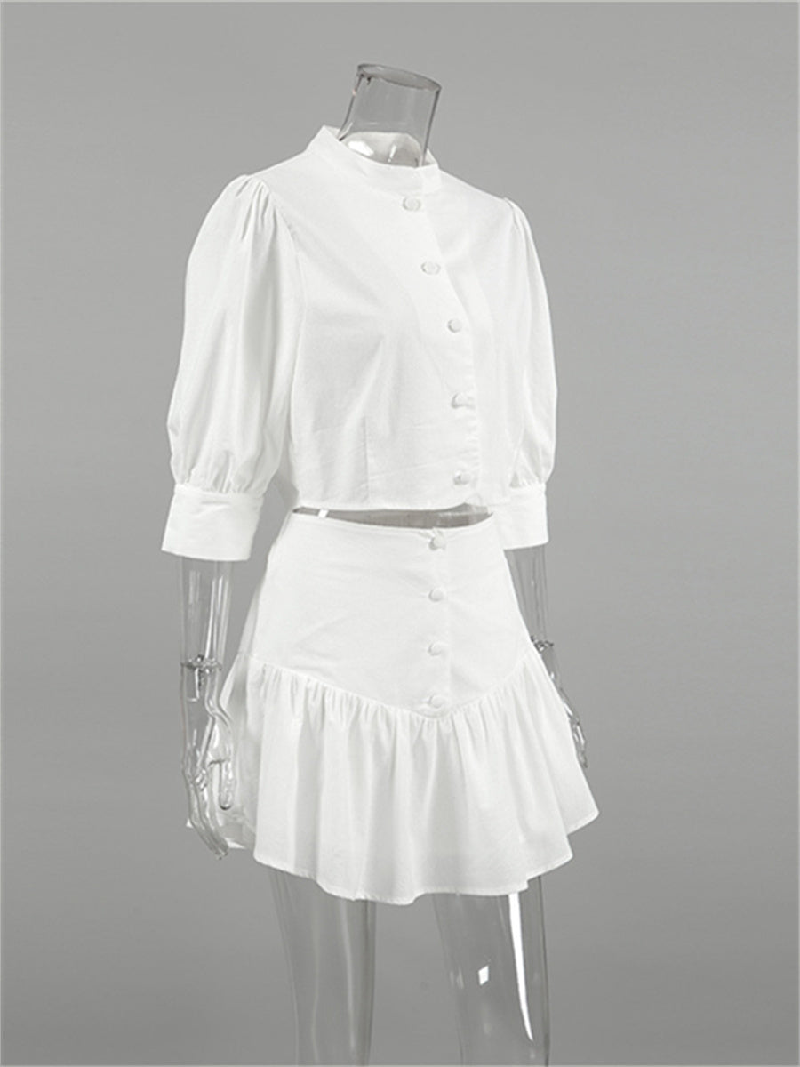 Liber summer women's daily casual solid color stand collar puff sleeve slim suit