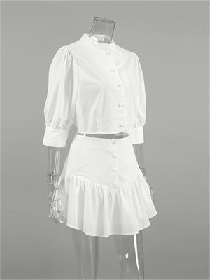 Liber summer women's daily casual solid color stand collar puff sleeve slim suit