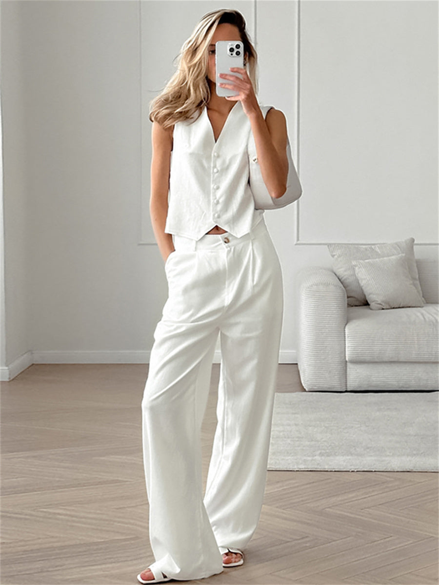 Liber Summer Women's Daily Casual Solid Color V-Neck Sleeveless Slim Suit