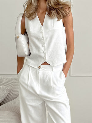 Liber Summer Women's Daily Casual Solid Color V-Neck Sleeveless Slim Suit