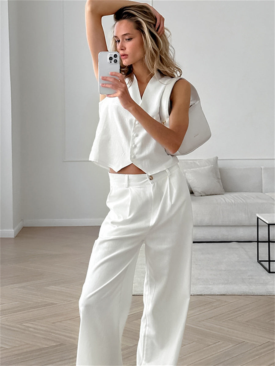 Liber Summer Women's Daily Casual Solid Color V-Neck Sleeveless Slim Suit