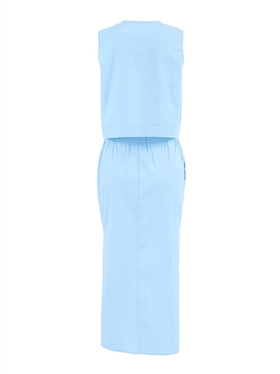 Liber summer women's daily casual solid color round neck sleeveless slim suit