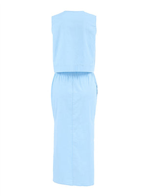Liber summer women's daily casual solid color round neck sleeveless slim suit
