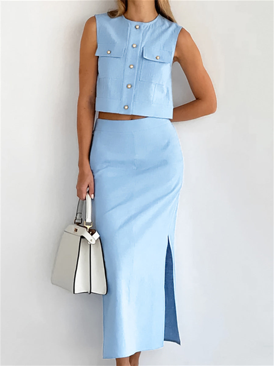 Liber summer women's daily casual solid color round neck sleeveless slim suit
