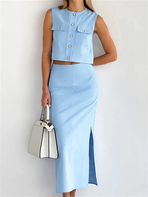 Liber summer women's daily casual solid color round neck sleeveless slim suit