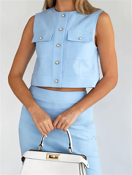 Liber summer women's daily casual solid color round neck sleeveless slim suit