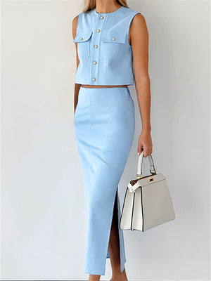 Liber summer women's daily casual solid color round neck sleeveless slim suit