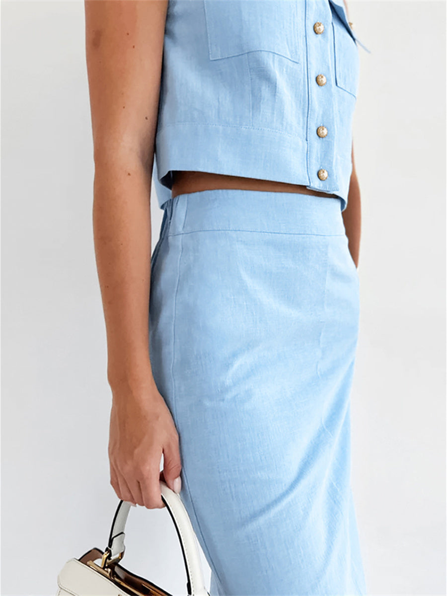 Liber summer women's daily casual solid color round neck sleeveless slim suit